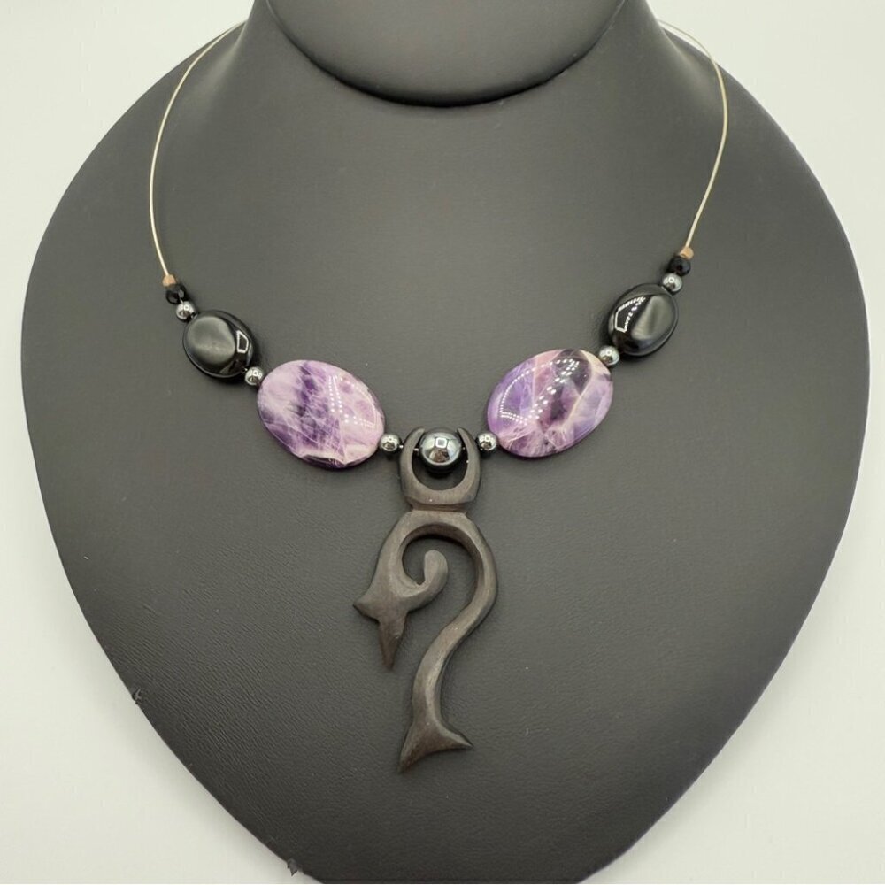 Unique Genuine Amethyst and Tourmaline Stone Beaded Tribal Pendant Necklace